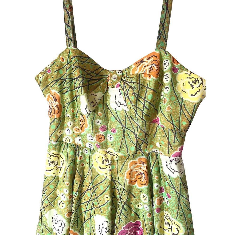 Girls from Savoy Anthropologie Green Floral Silk Fit and Flare Dress Size 8 - Picture 3 of 8